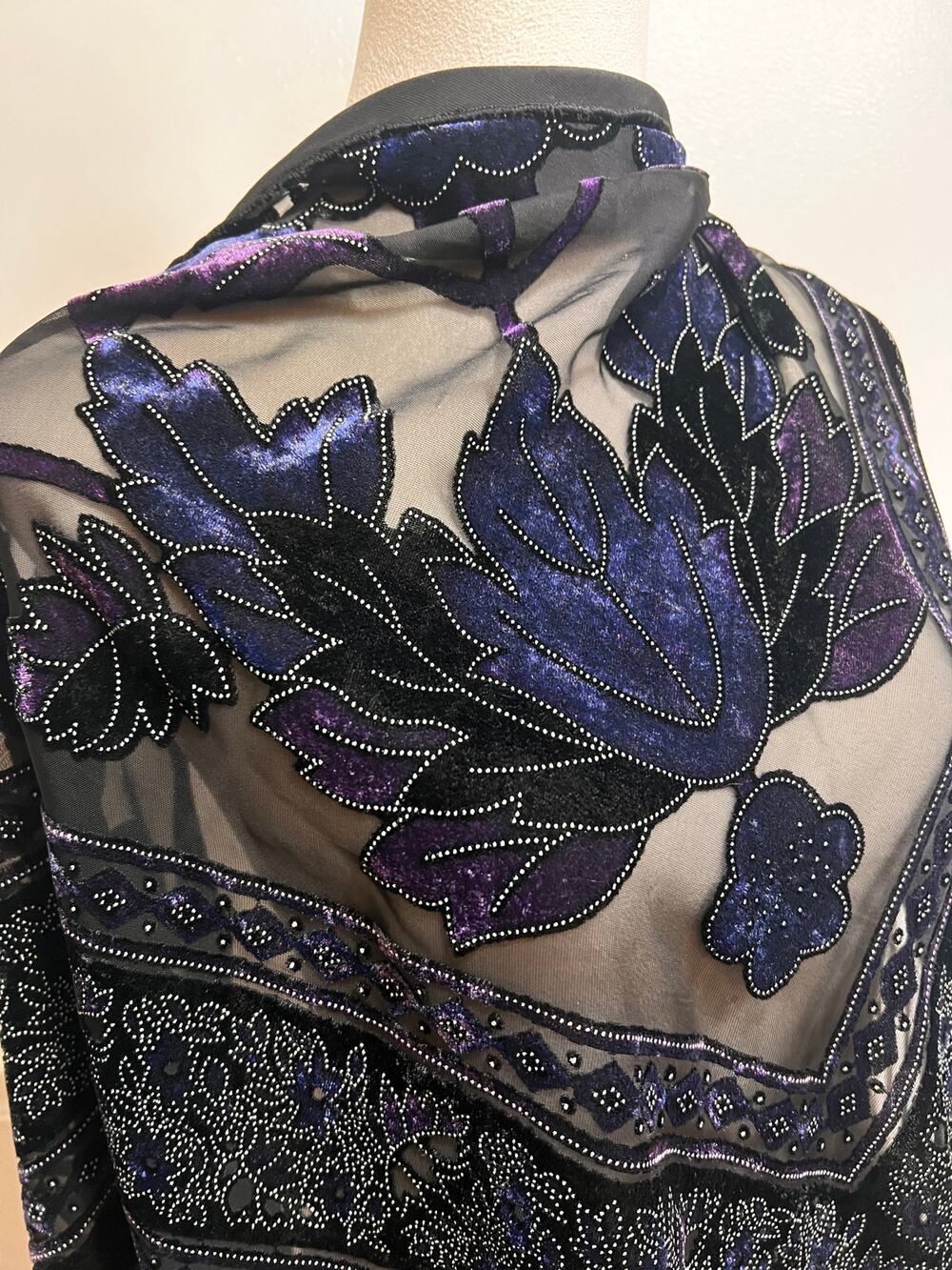 Black Purple Velvet Beaded Fringe Triangle Scarf Whimsigoth Gothic Floral